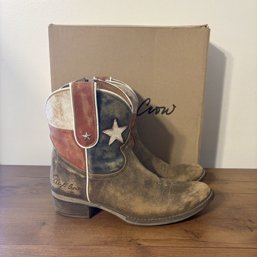 Sheryl Crow Americana Texas Flag Patriot Ankle Boots Western Boots SZ 9 Distress